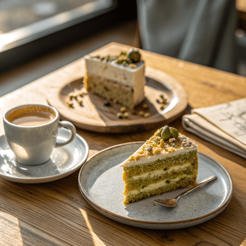 slice of cardamom pistachio cake