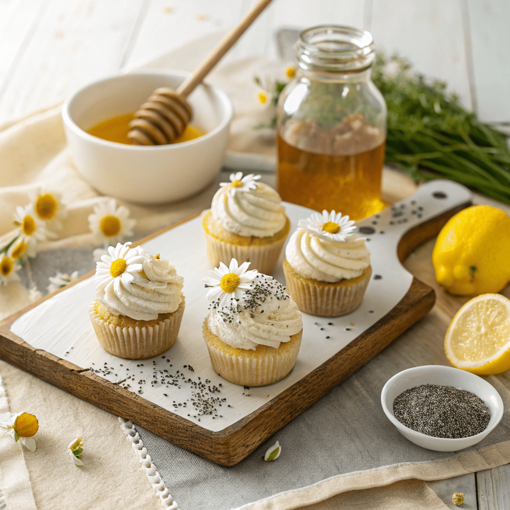 A small dessert board featuring chamomile cupcakes