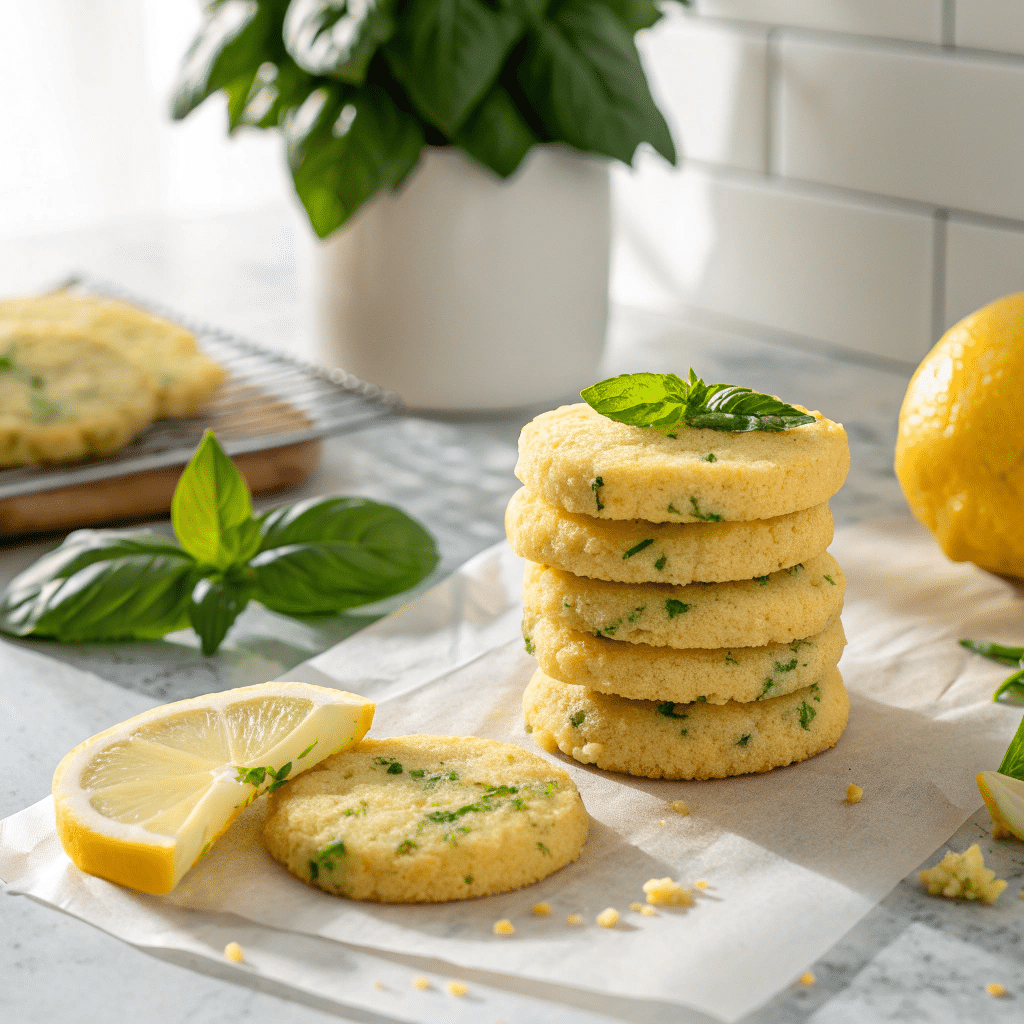 A stack of golden shortbread cookies with visible flecks of green basil and lemon zest