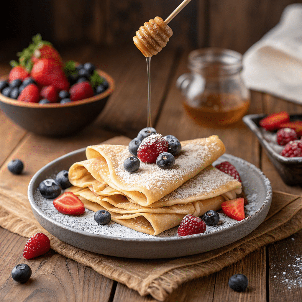 A stack of thin golden-brown rice flour crepes