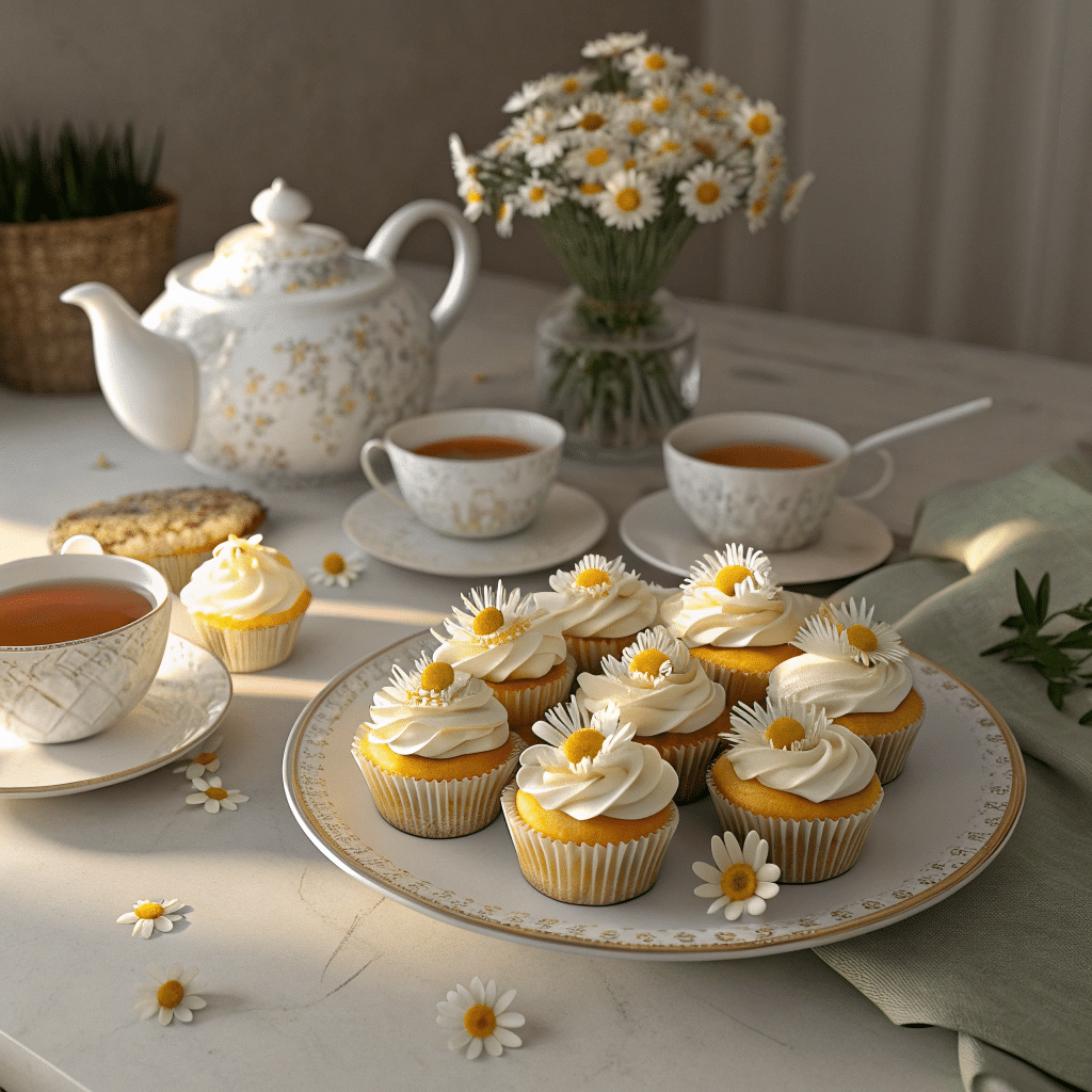 dessert table with a plate of frosted chamomile tea cupcakes