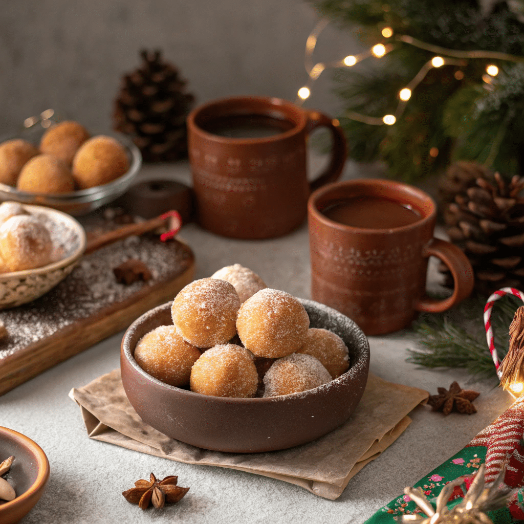 dessert table with buñuelos served