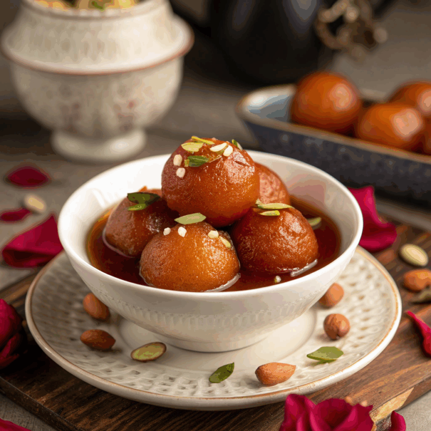 gulab jamun in a small white bowl