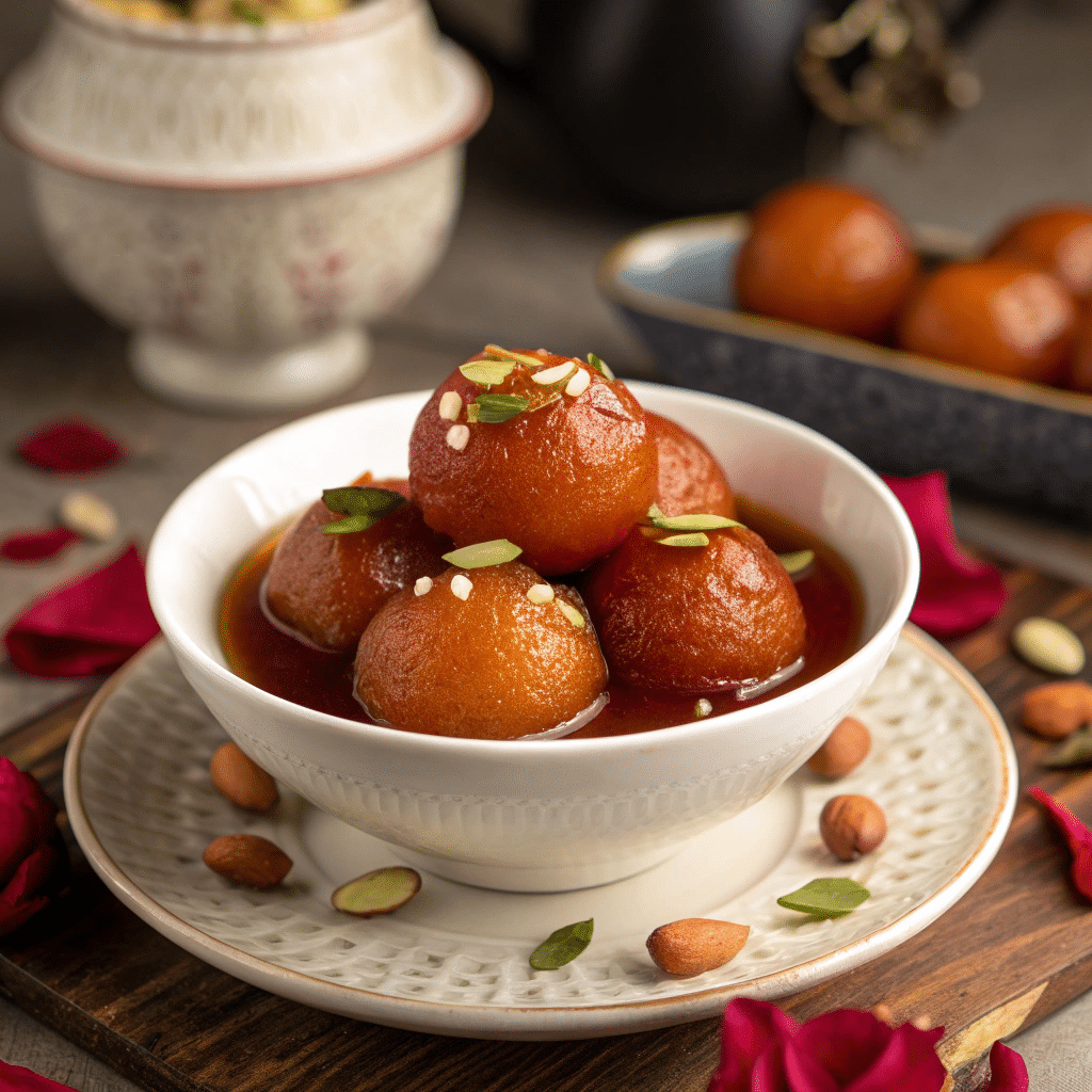 gulab jamun in a small white bowl