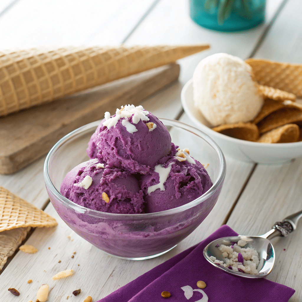 shot of a bowl of homemade ube ice cream