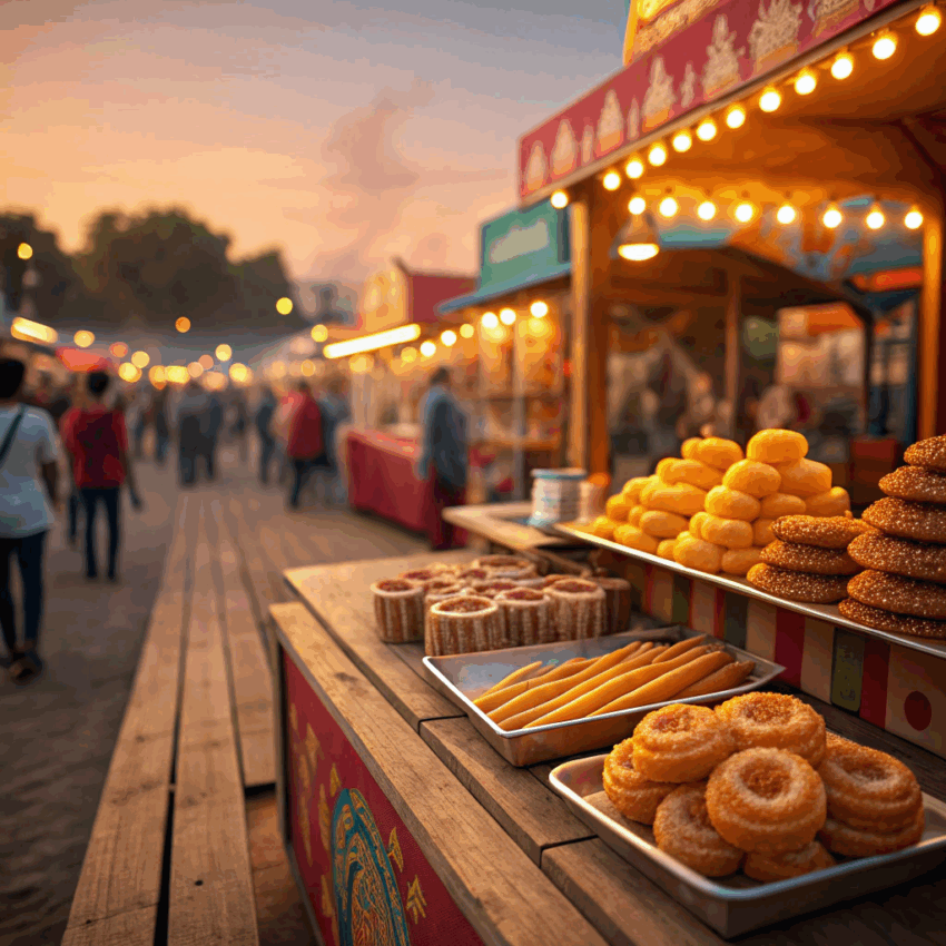 street food market scene at dusk with colorful stalls