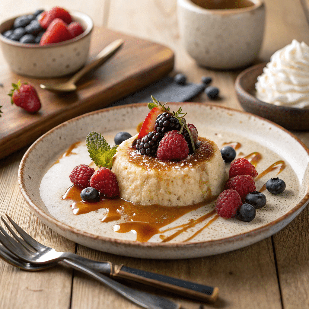 Beautifully plated rice pudding served with toppings