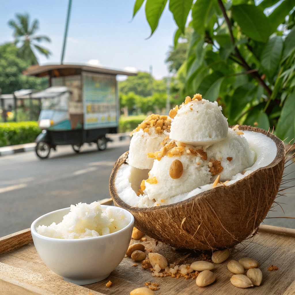 Coconut shell filled with scoops of white coconut ice cream