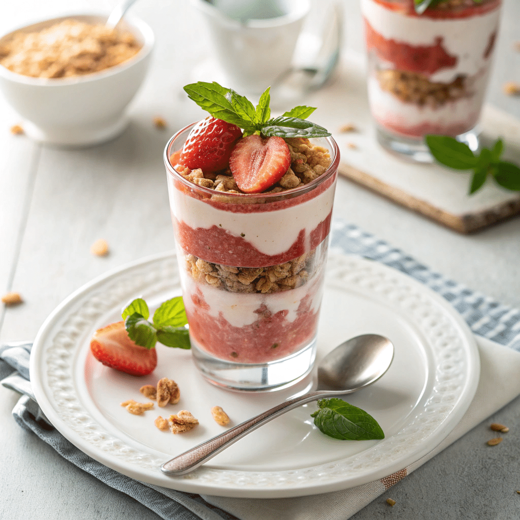 tall glass parfait layered with strawberry basil sorbet