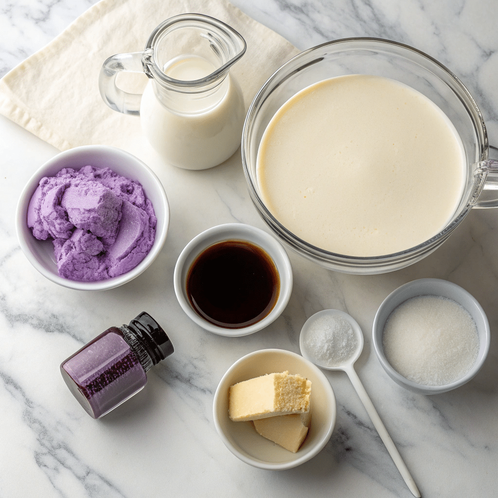 neatly arranged ingredients for ube ice cream