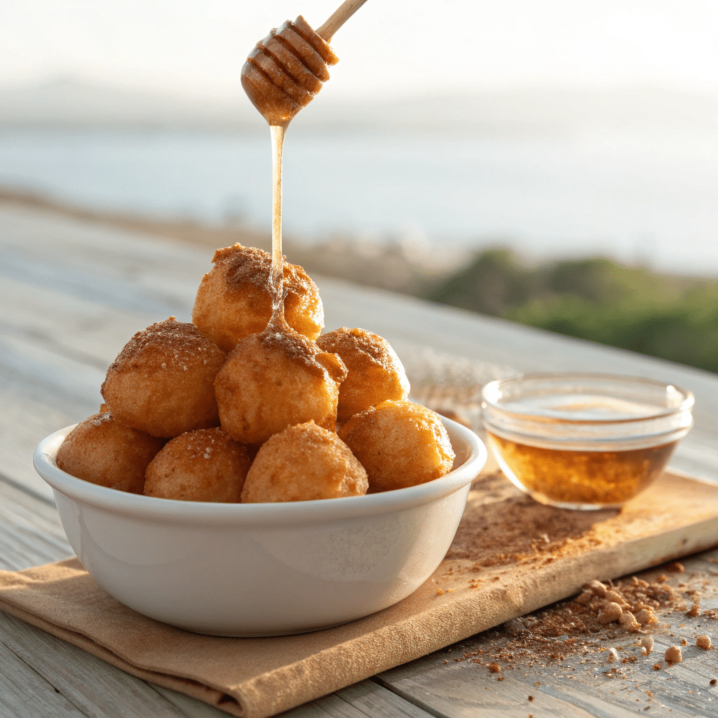 Golden loukoumades piled in a small white bowl