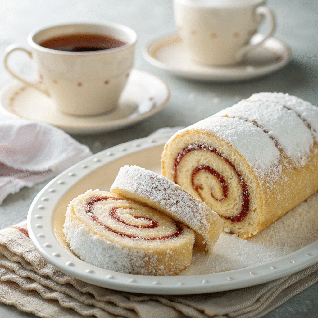 jelly roll cake sliced into perfect spirals