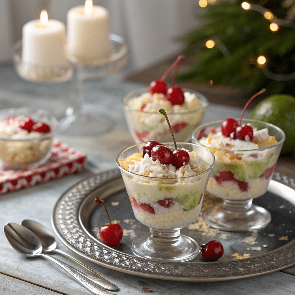 glass dessert cups filled with ambrosia salad