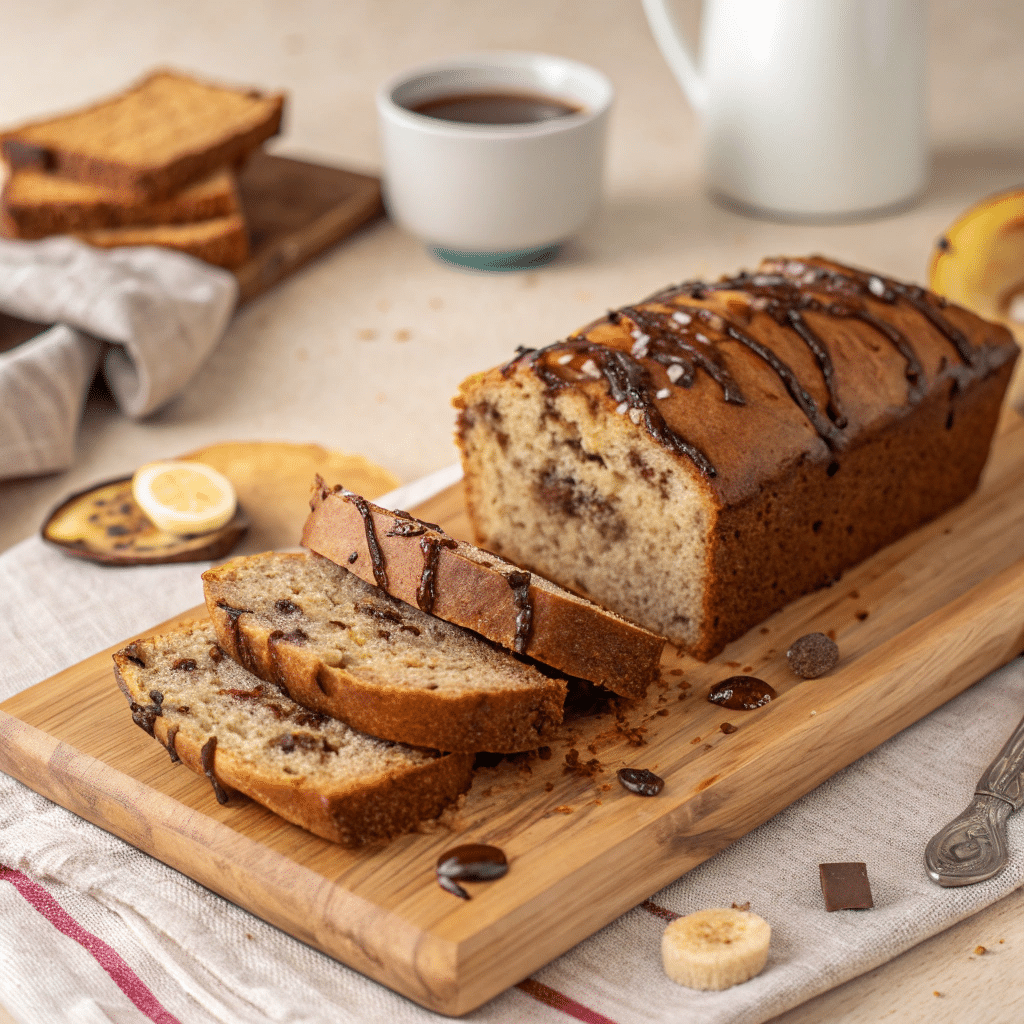 Moist banana bread loaf sliced on a wooden cutting board