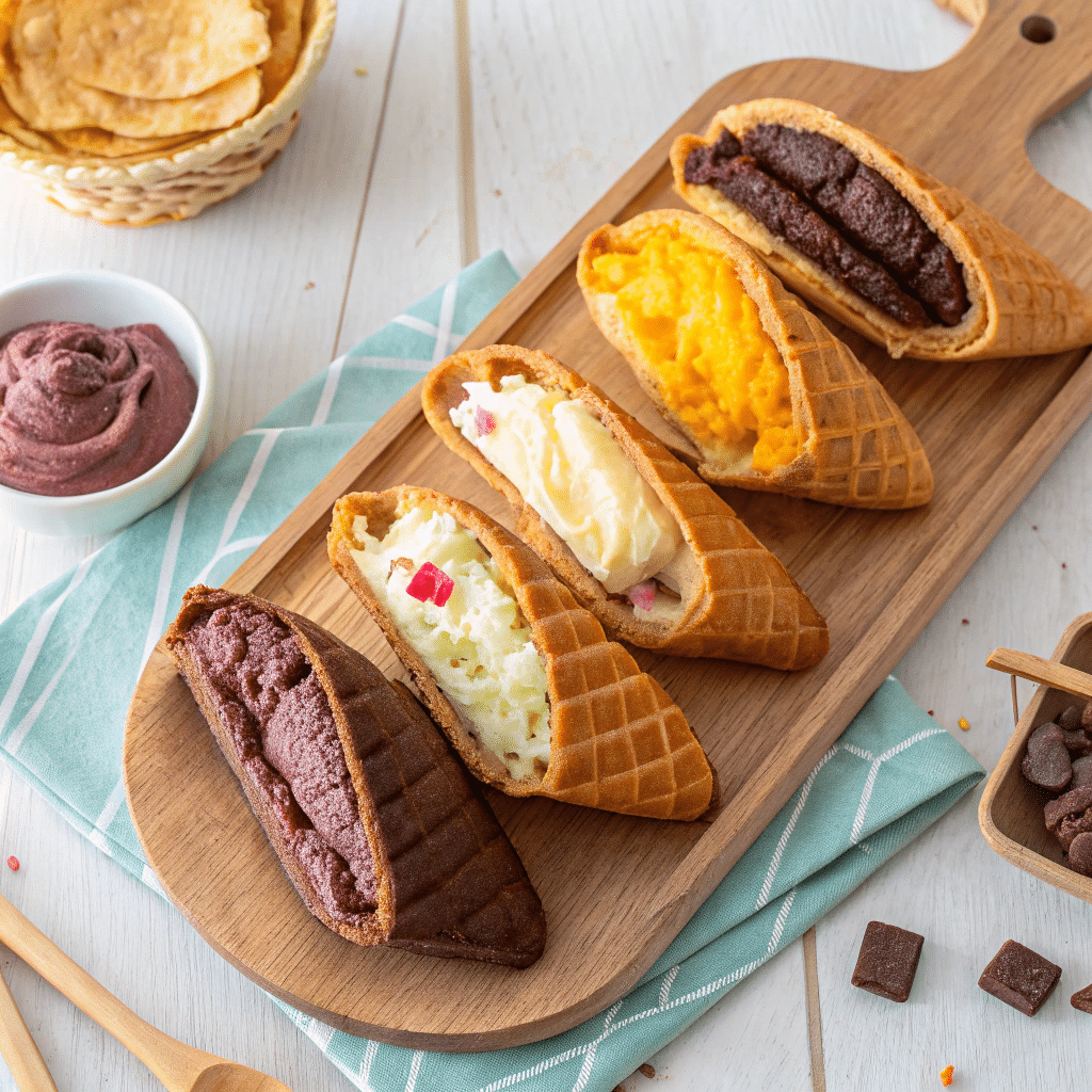 Taiyaki cut open to show various fillings