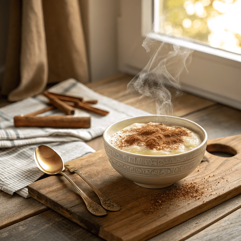 table with a cozy bowl of creamy rice pudding