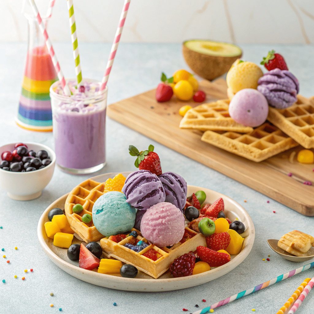 colorful dessert platter with ube ice cream scoops
