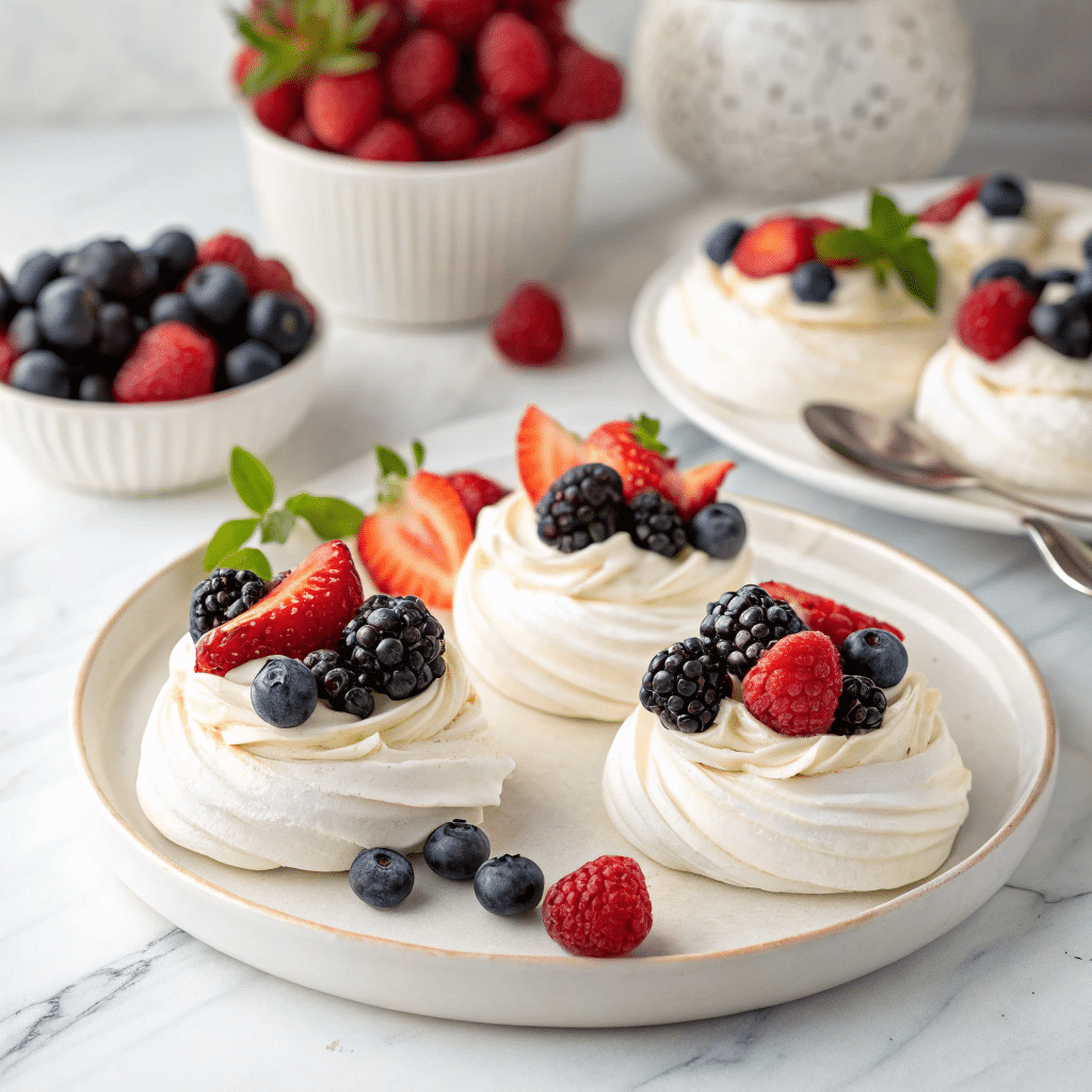 elegant plate of mini meringue pavlovas topped with whipped cream and fresh berries