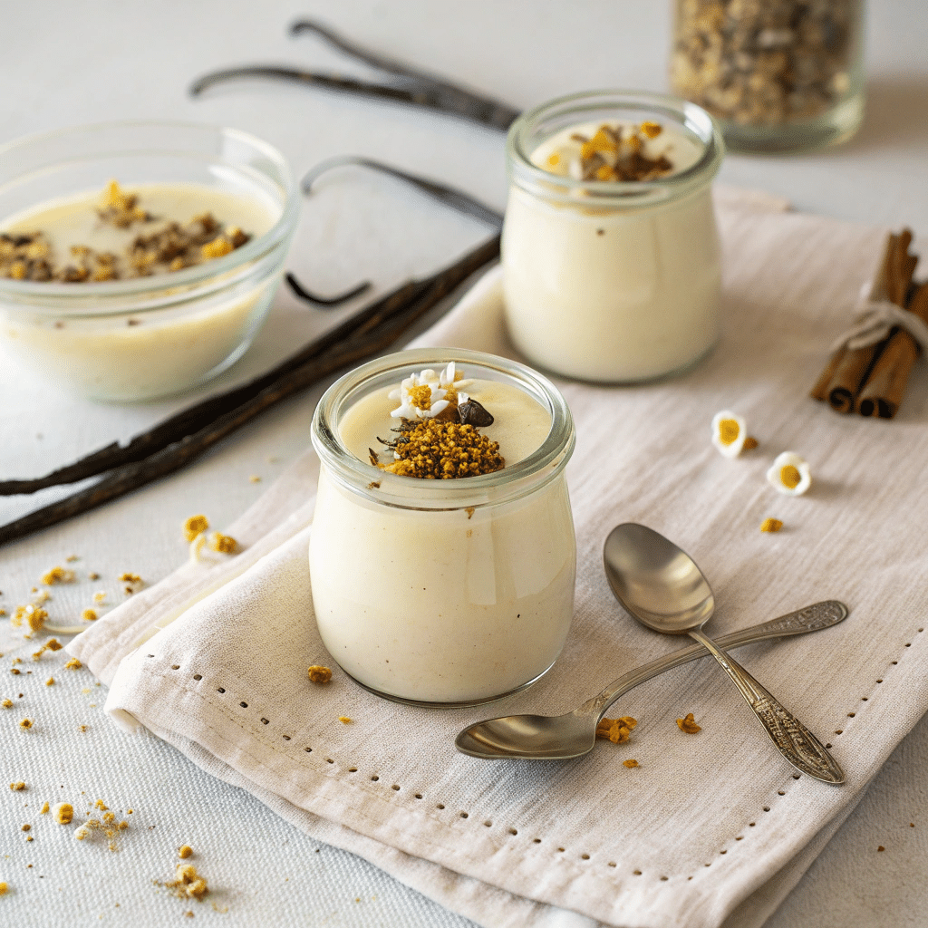 glass jars filled with creamy vanilla pudding