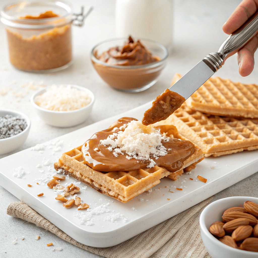 open wafer with caramel being spread