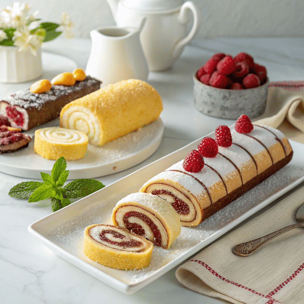 variety of jelly roll cake slices on a dessert platter