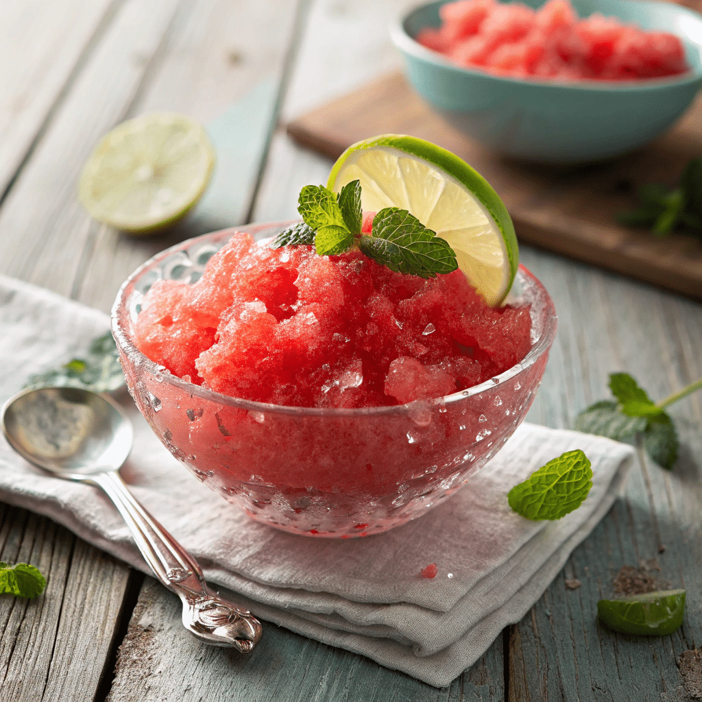 close-up of a bowl of bright red watermelon granita