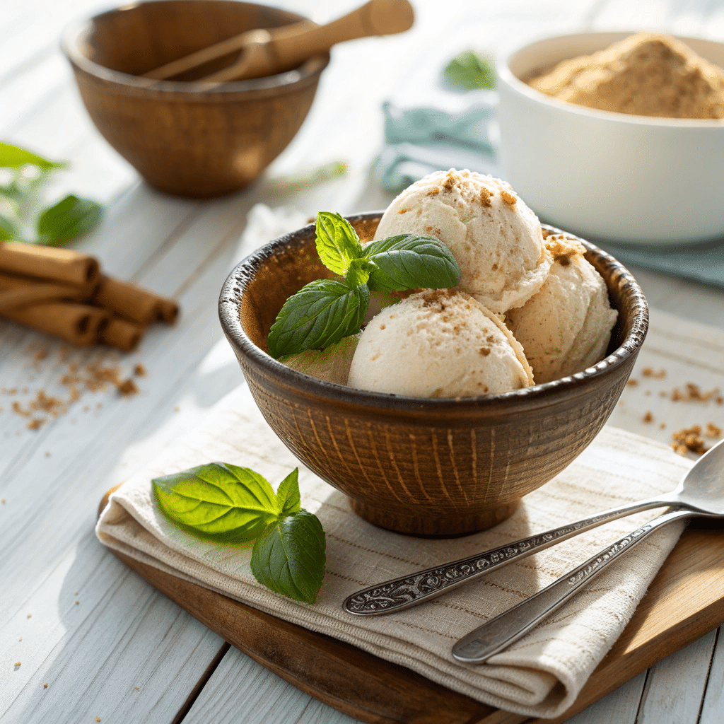 bowl filled with creamy cinnamon basil ice cream
