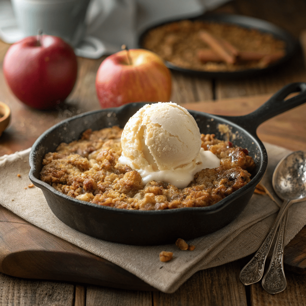 apple crisp in a cast iron skillet