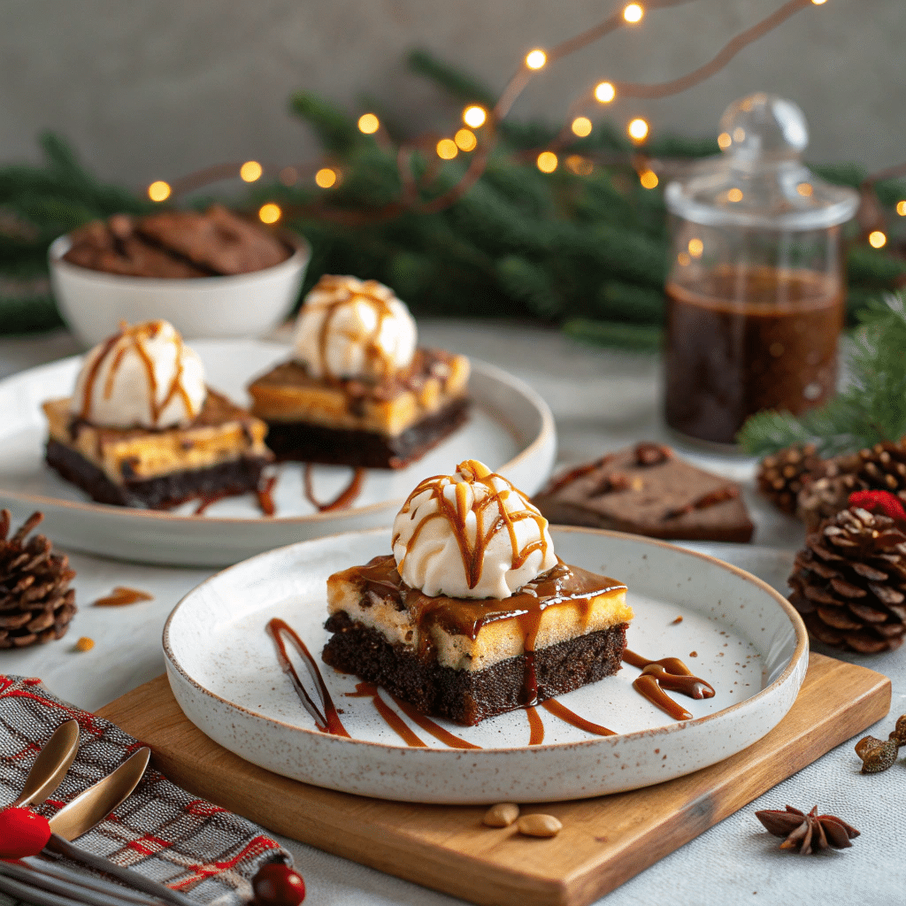 dessert table setup featuring s’mores brownies served with vanilla ice cream