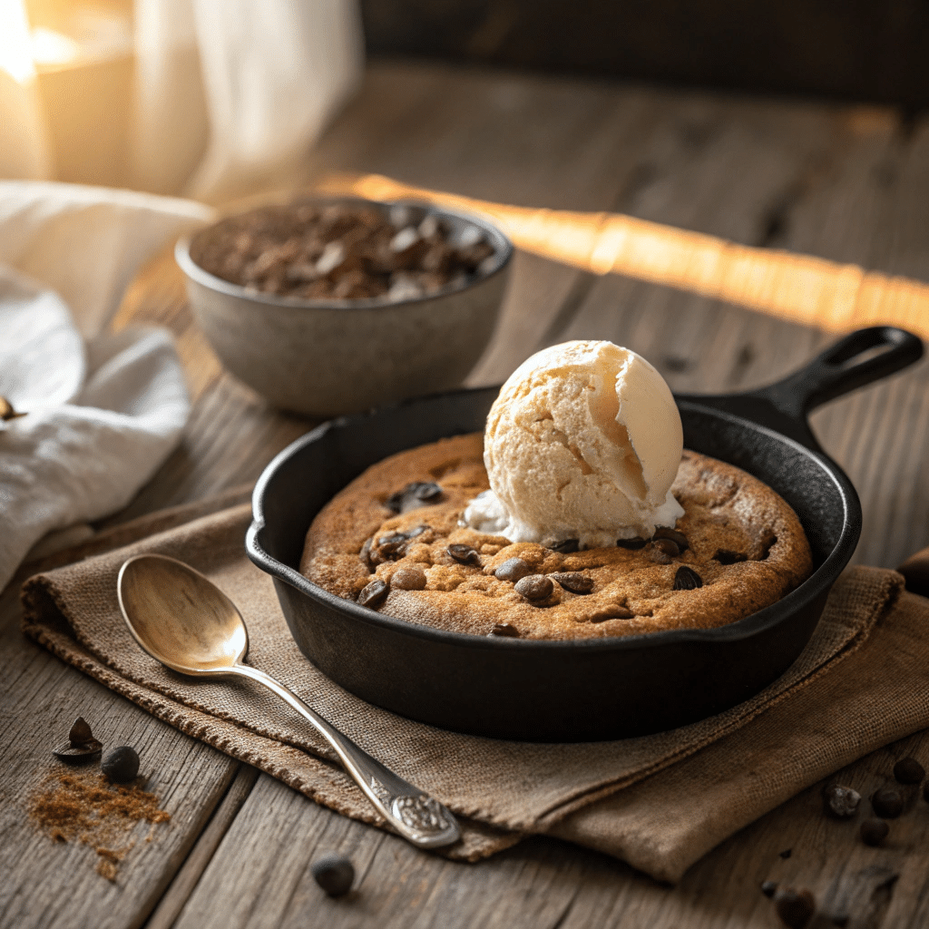 freshly baked skillet chocolate chip cookie
