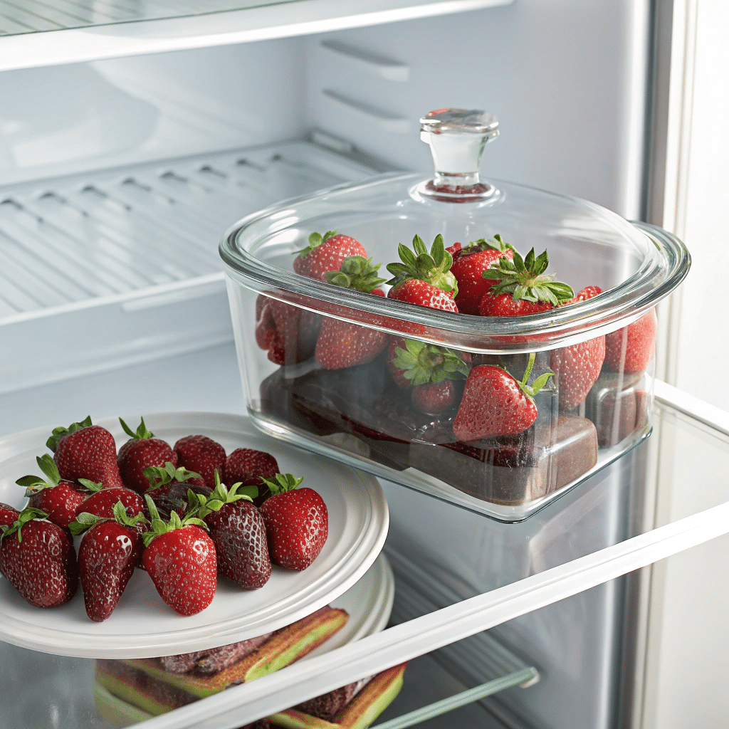 glass container with neatly arranged chocolate dipped strawberries inside