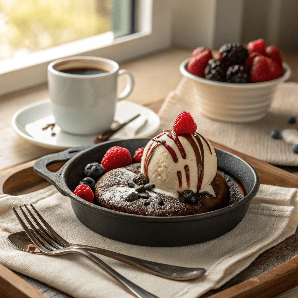 A molten skillet chocolate cake served with melting vanilla ice cream and fresh berries