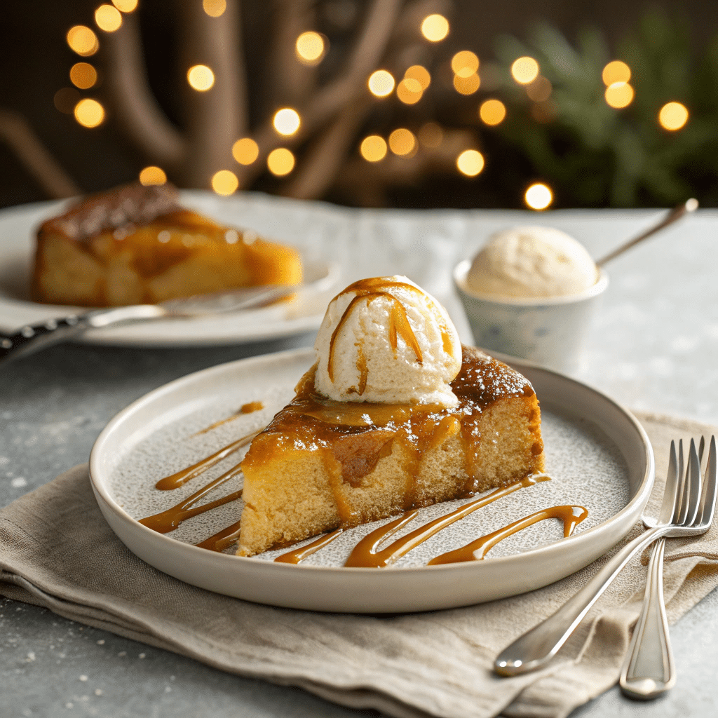 slice of pineapple upside down cake served with a scoop of melting vanilla ice cream