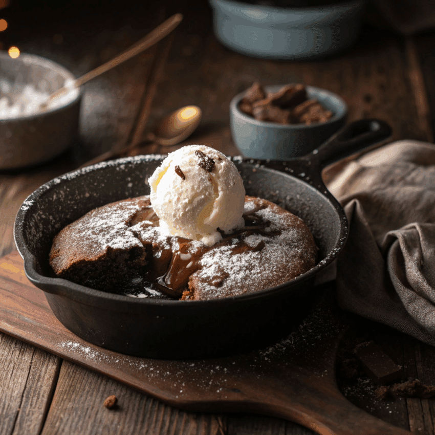 gooey molten skillet chocolate cake freshly baked