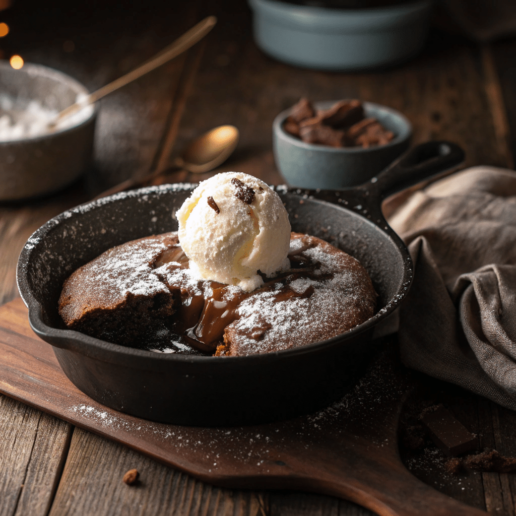gooey molten skillet chocolate cake freshly baked