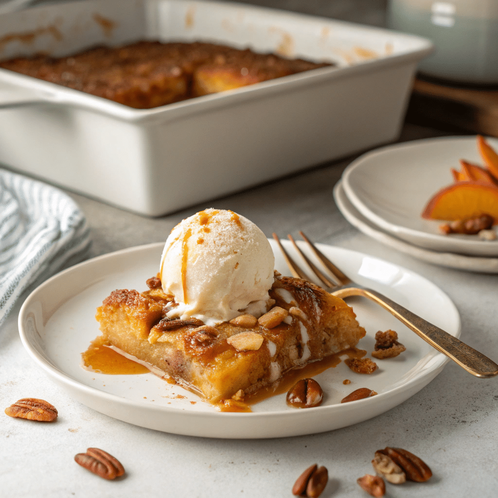 slice of peach cobbler on a white plate with a scoop of vanilla ice cream