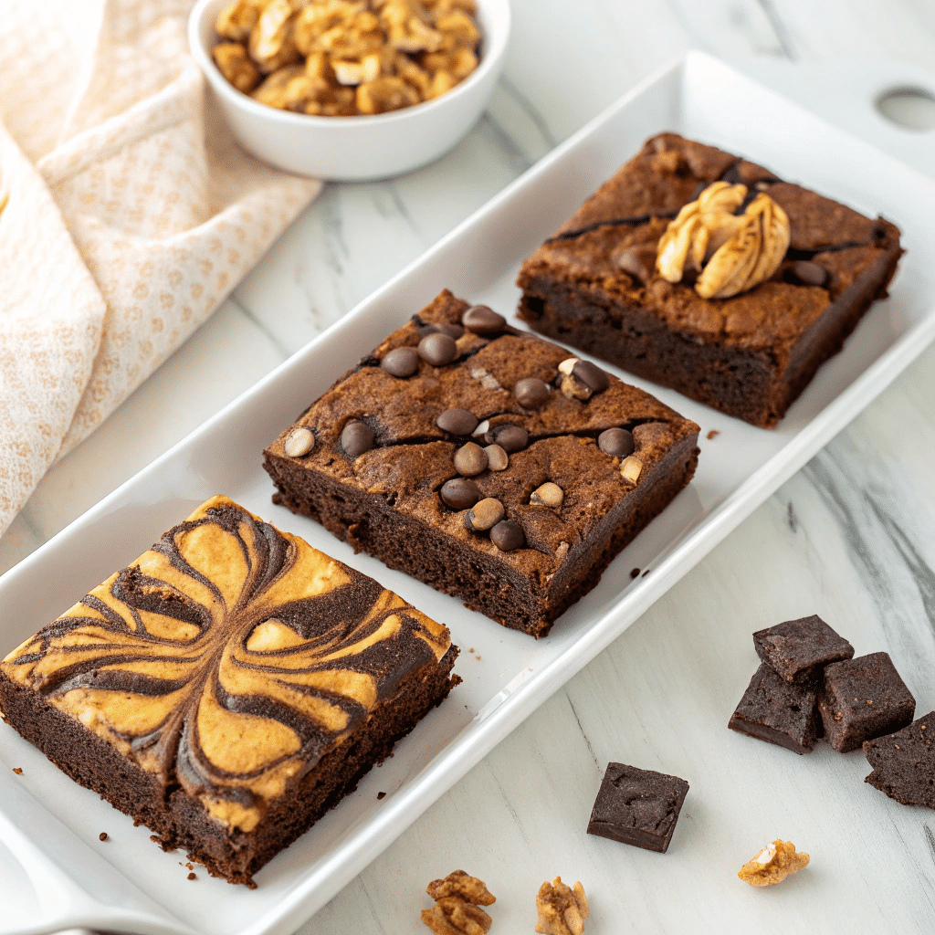 Brownie squares displayed in three versions