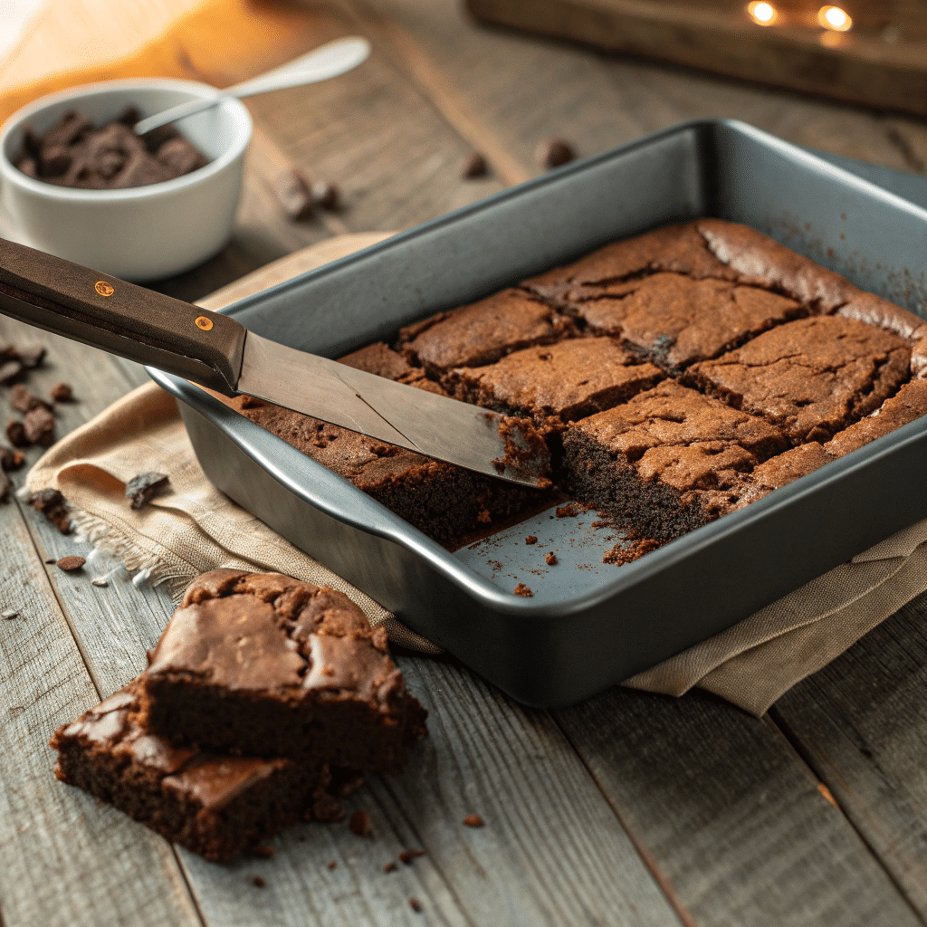 freshly baked pan of fudgy brownies