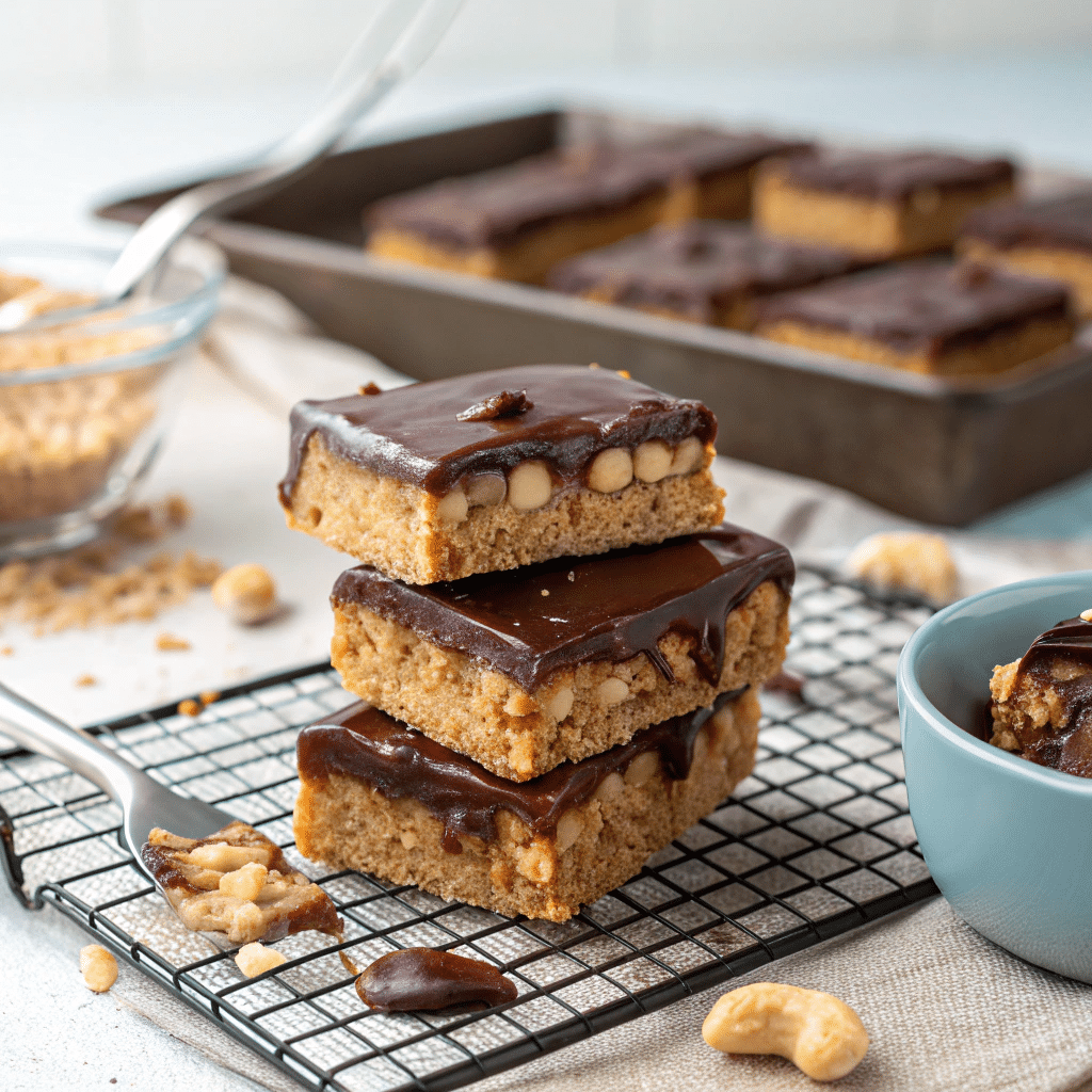 homemade Nutty Bars with chocolate glaze and peanut butter filling
