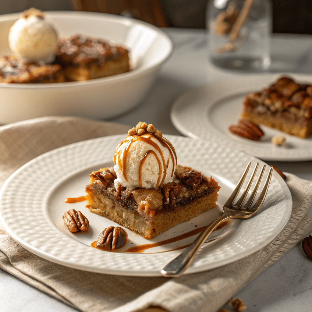 pecan pie bars on a white dessert plate with a scoop of vanilla ice cream