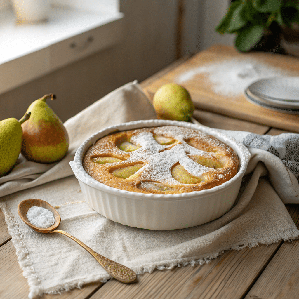 Freshly baked pear clafoutis