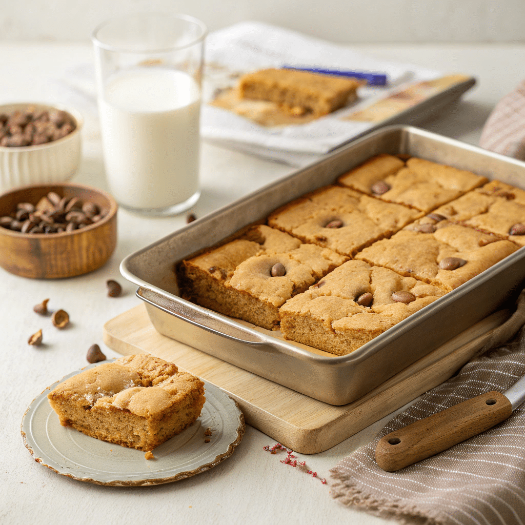 Golden peanut butter blondies cooling in an 8x8 pan