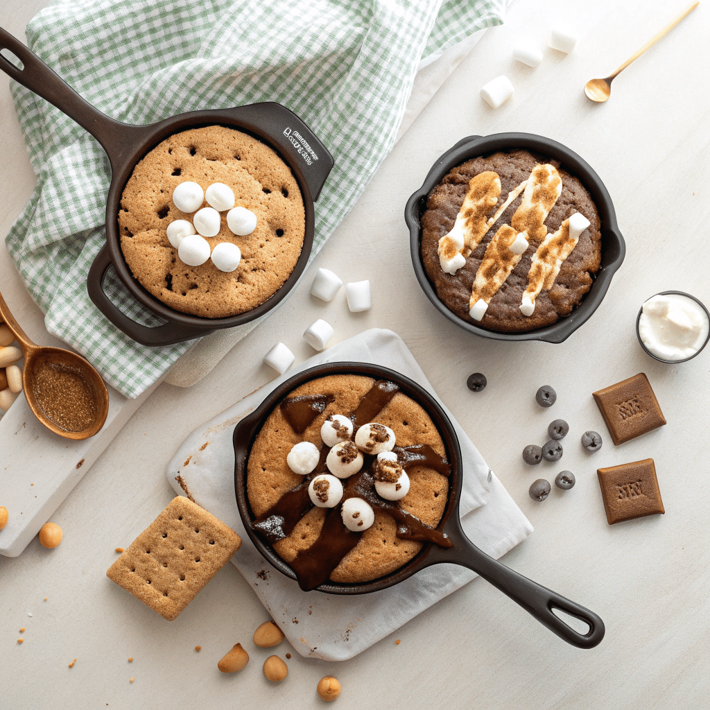 three mini cast iron skillets