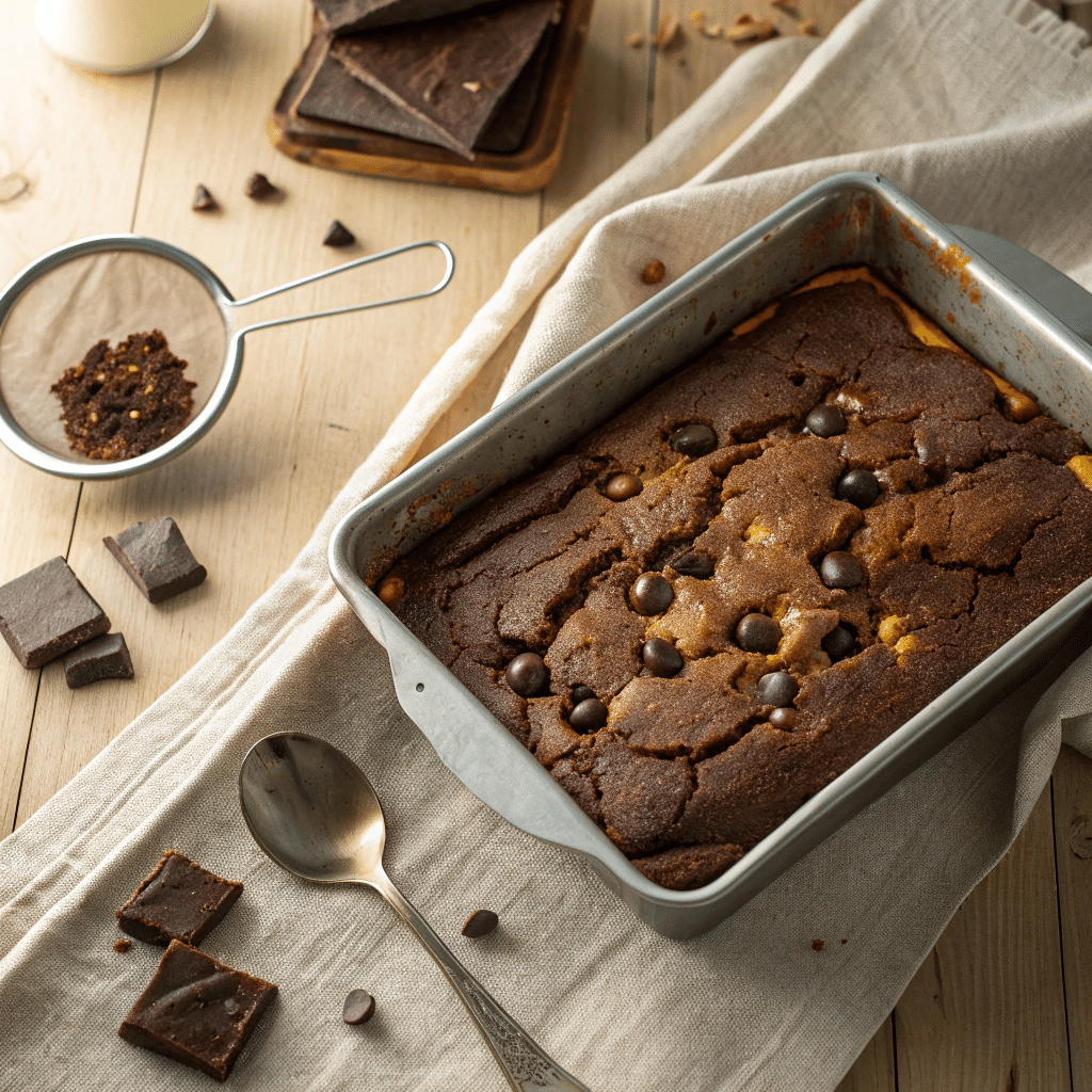 freshly baked one pan brownie cake