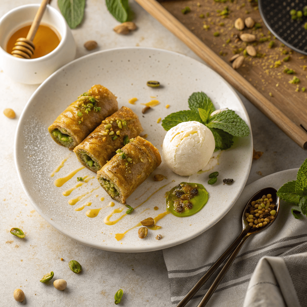 pistachio baklava rolls plated with vanilla gelato and honey drizzle