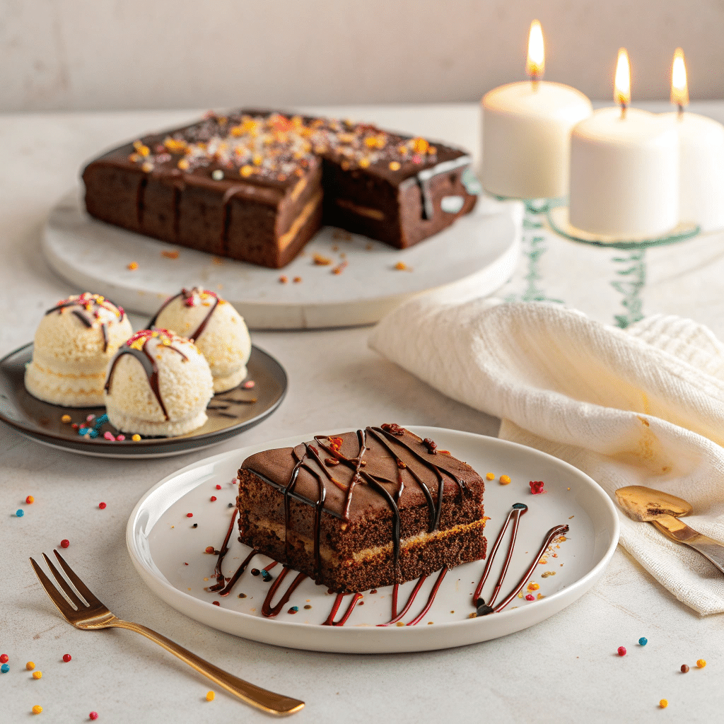 sliced brownie cake served with vanilla ice cream scoops