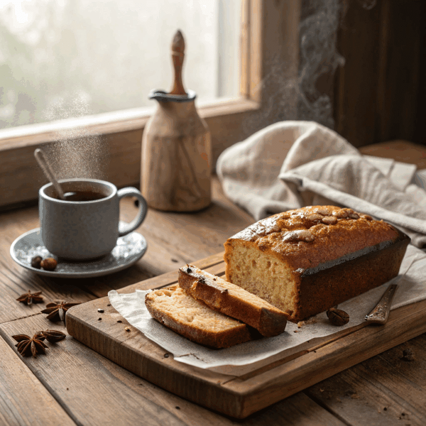 freshly baked black tea loaf cake