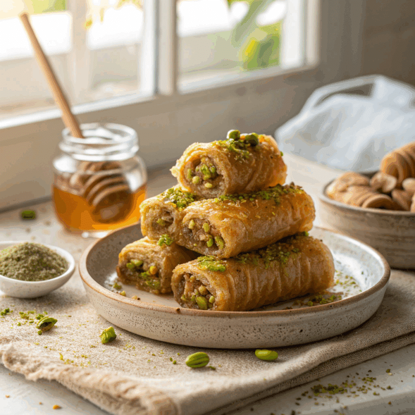 pistachio baklava rolls stacked on a rustic ceramic plate