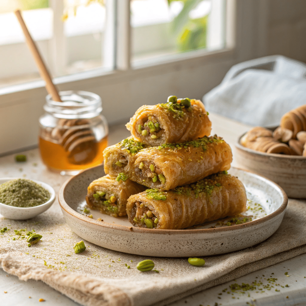 pistachio baklava rolls stacked on a rustic ceramic plate