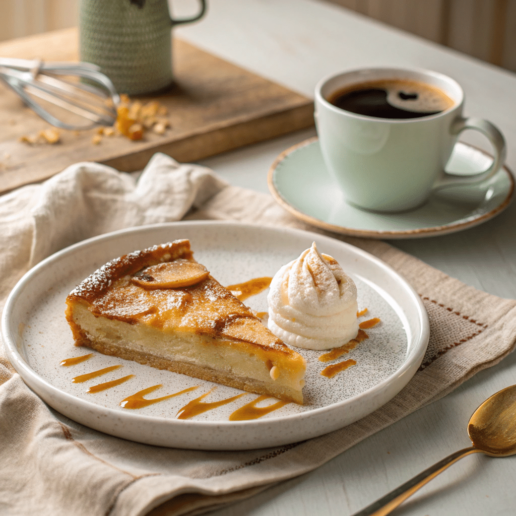 slice of pear clafoutis on a dessert plate